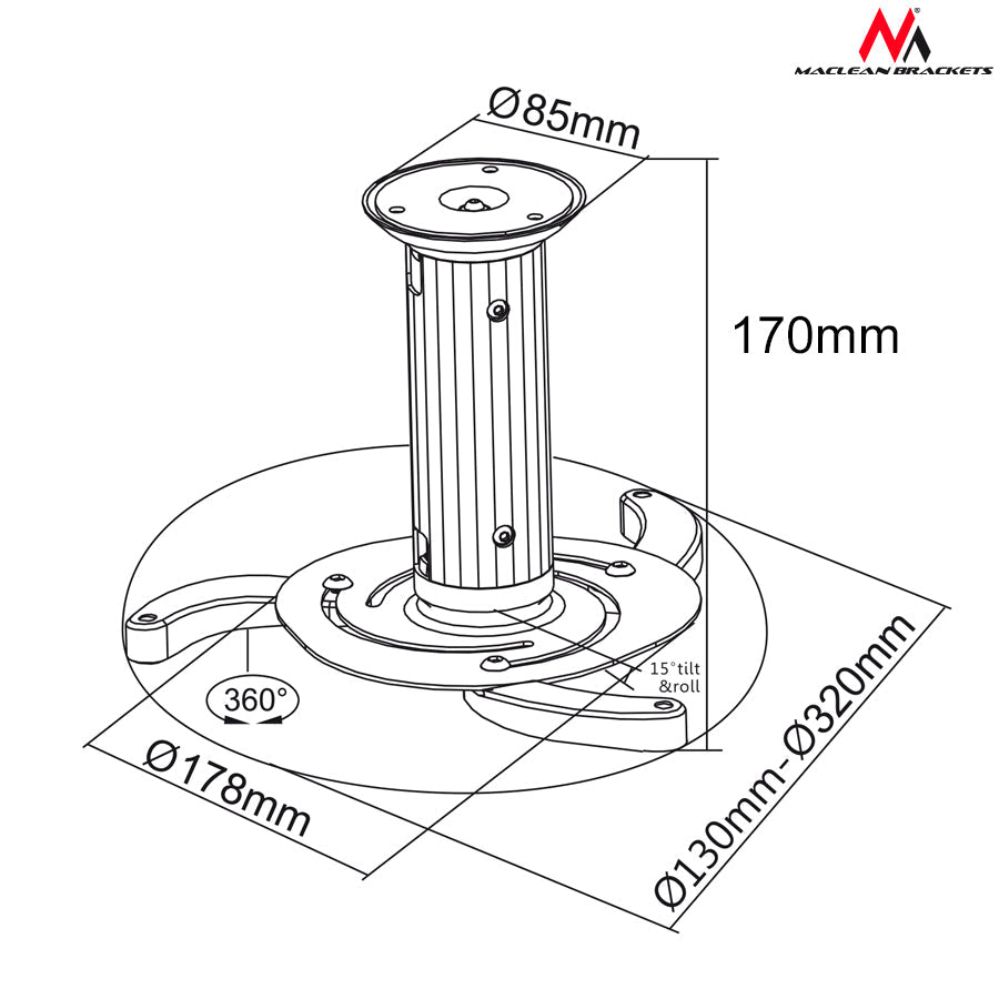 Maclean loftmonteret projektorholder, 80-170 mm, 10 kg, MC-515 S