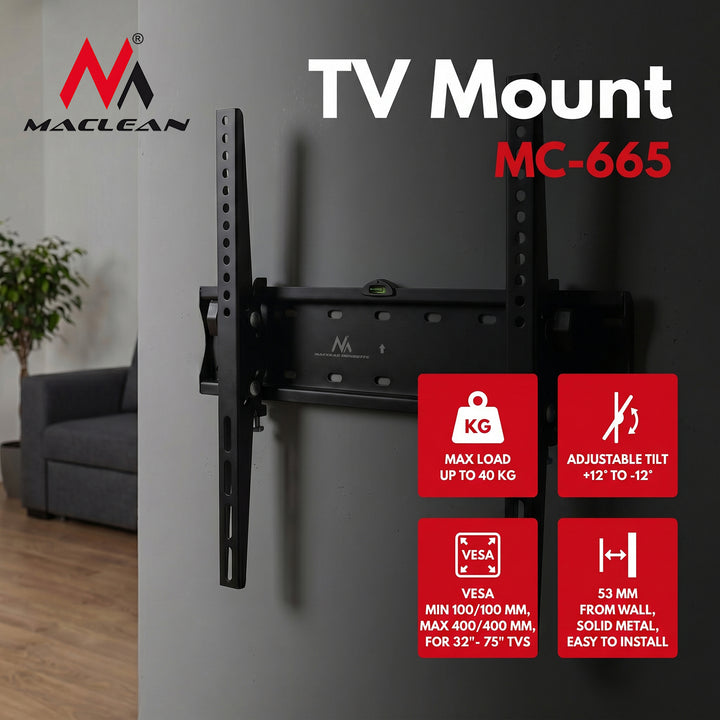 Maclean tv-beslag, maks. VESA 400x400, 32-75", op til 40 kg, sort, MC-665