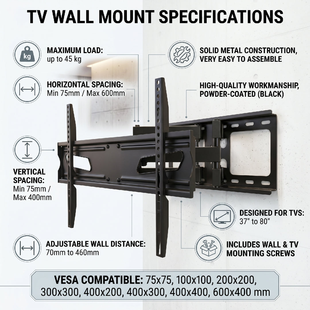 Maclean tv-beslag, universal, maks. VESA 600x400, 37-80", 45 kg, sort, MC-723 B