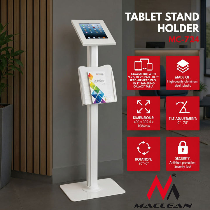 Maclean reklamestativ til tablet, gulvmodel med lås, 9,7"/10,2" iPad, 10,5" iPad Air/iPad Pro, 10,1" Samsung Galaxy Tab A (2019), MC-724