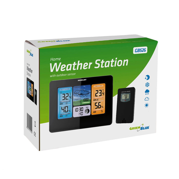 GreenBlue trådløs vejrstation, farvet, med DCF-system, månefaser, GB526
