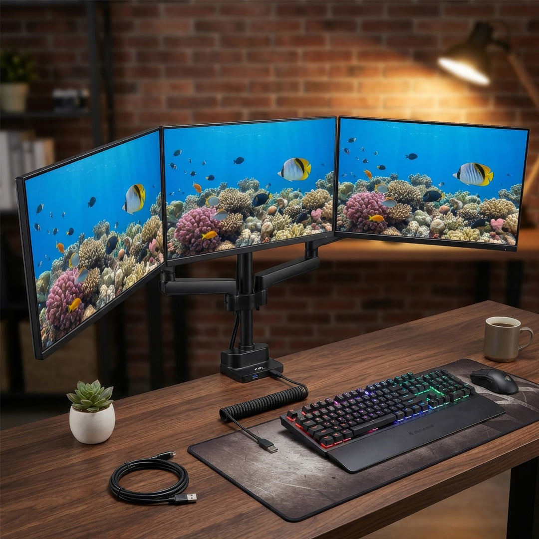 Maclean bordholder til 3 LCD-skærme, VESA 75x75 og 100x100, 2x USB 3.0, 17-27", 3x7 kg, MC-811