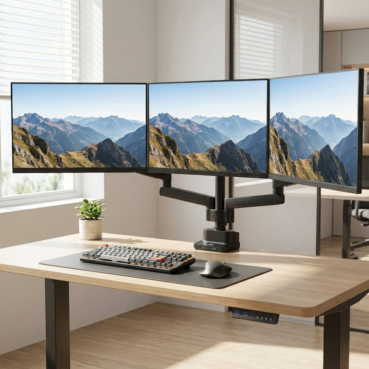 Maclean bordholder til 3 LCD-skærme, VESA 75x75 og 100x100, 2x USB 3.0, 17-27", 3x7 kg, MC-811