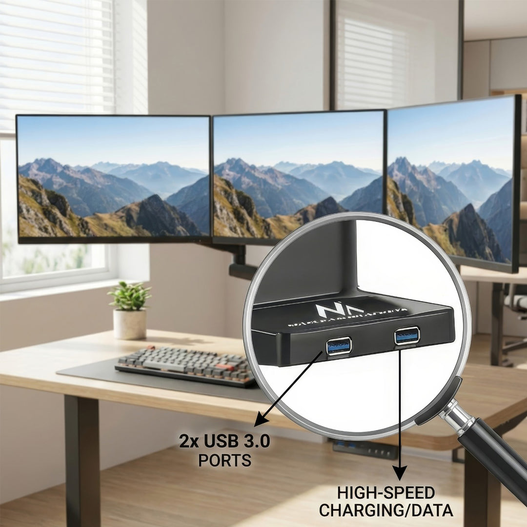 Maclean bordholder til 3 LCD-skærme, VESA 75x75 og 100x100, 2x USB 3.0, 17-27", 3x7 kg, MC-811