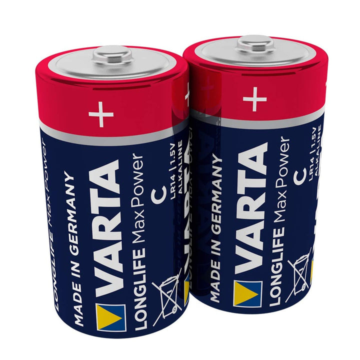 2x Varta Longlife Max Power R14 alkaliske batterier