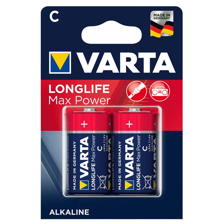 2x Varta Longlife Max Power R14 alkaliske batterier