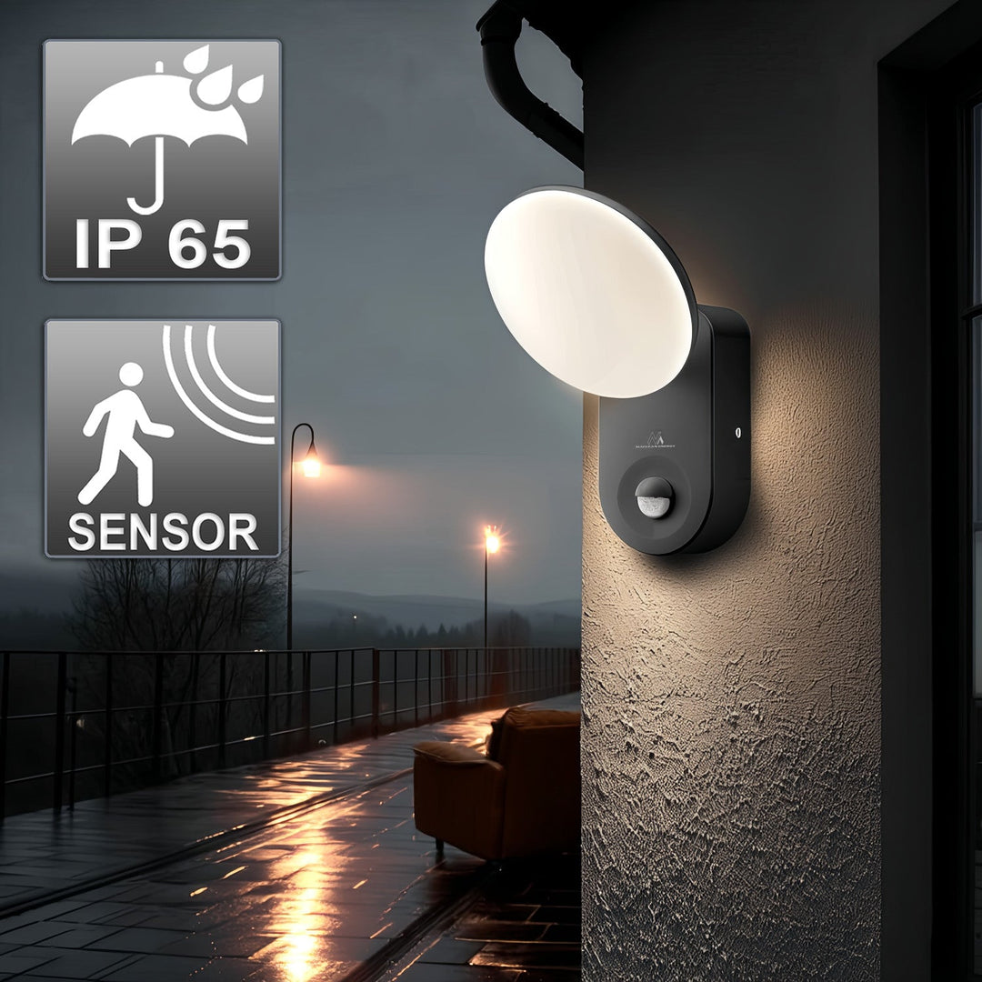 Væglampe med LED og PIR-sensor Maclean Energy MCE367 - PC+ALU, 15W (1100lm) Neutral White 4000K IP65 grå