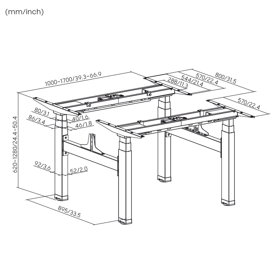 Elektrisk dobbelt skrivebord med højdejustering Ergo Office, maks. højde 128 cm, maks. 125 kg x2, uden bordplade til stående og siddende arbejde (2 dele), grå, ER-404G