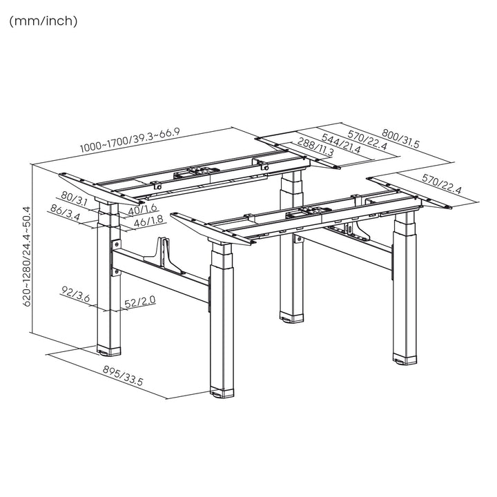Elektrisk dobbelt skrivebord med højdejustering Ergo Office, maks. højde 128 cm, maks. 125 kg x2, uden bordplade til stående og siddende arbejde (2 dele), grå, ER-404G