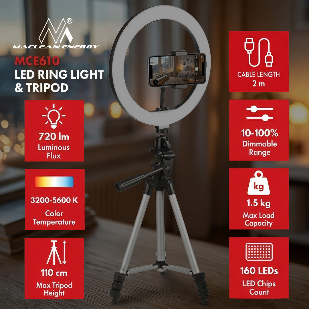 10" LED-ringlampe 12W med stativ 1,1 m Maclean Energy MCE610, Bluetooth-selvudløser, mulighed for at ændre farve 3200K-5600K og lysstyrke 10-100%