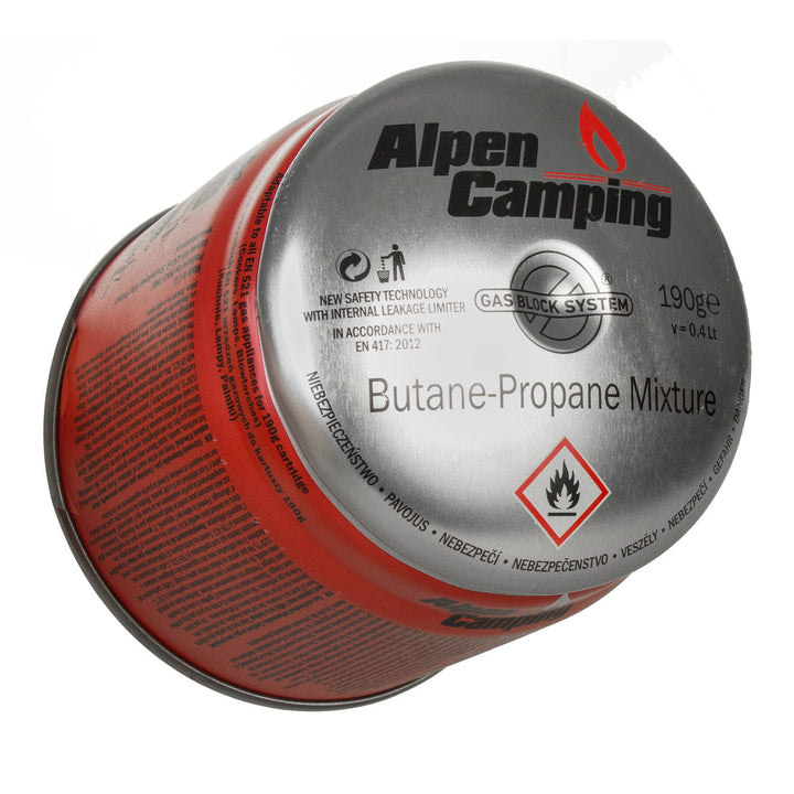 400 ml gaspatron Alpen Camping. Certifikat: Pi 0437, i overensstemmelse med standarden EN417, propan-butan, temperaturområde -10 °C til +40 °C, GAS STOP-system IK006.