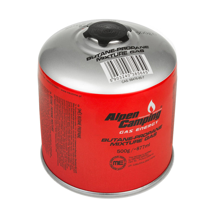 Alpen Camping 500 g gaspatron. Certifikat: Pi 0437, i overensstemmelse med EN417, propan-butan, temperaturområde -10 °C til +40 °C, gevindventil 7/16" IK008.