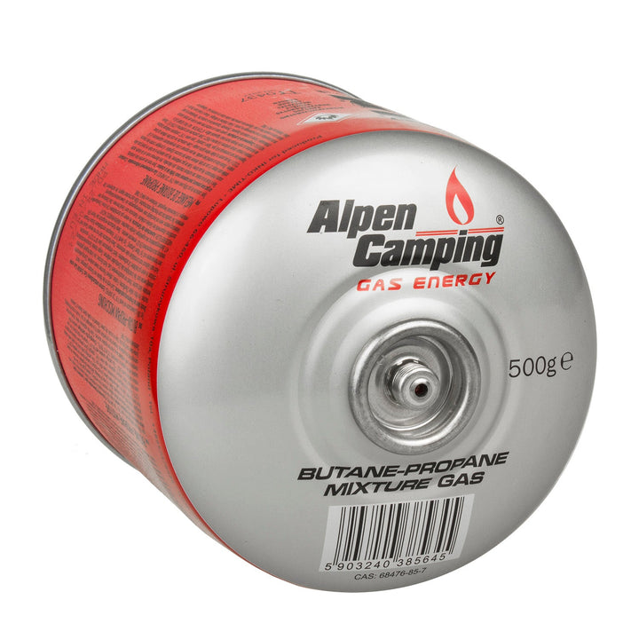 Alpen Camping 500 g gaspatron. Certifikat: Pi 0437, i overensstemmelse med EN417, propan-butan, temperaturområde -10 °C til +40 °C, gevindventil 7/16" IK008.