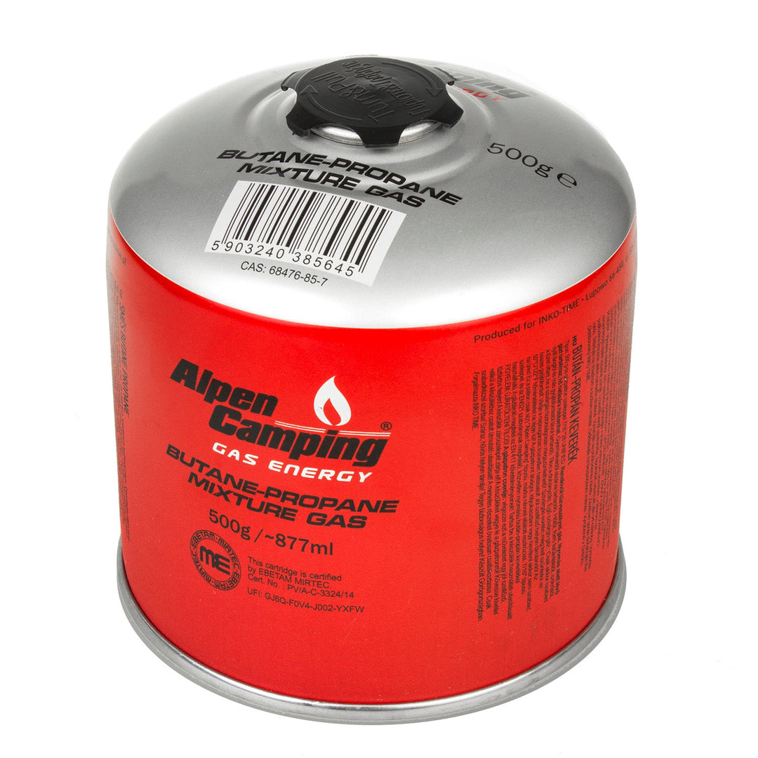 Alpen Camping 500 g gaspatron. Certifikat: Pi 0437, i overensstemmelse med EN417, propan-butan, temperaturområde -10 °C til +40 °C, gevindventil 7/16" IK008.