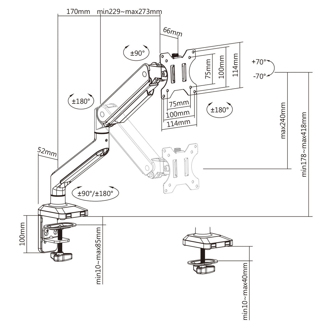 Ergo Office universal bordholder til skærm, gasfjeder 17"-35" 15 kg, VESA 75x75 / 100x100, ER-445