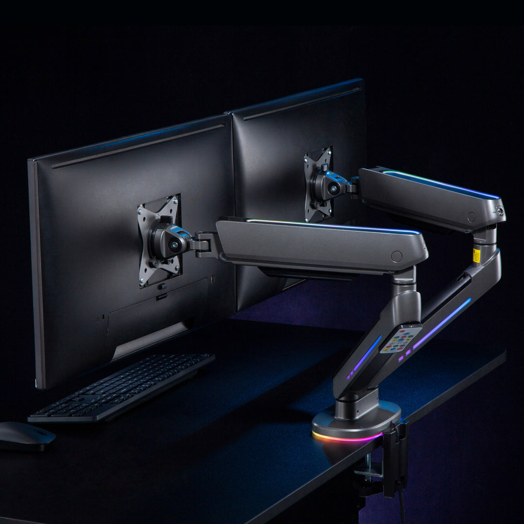 NanoRS-holder til to gaming-skærme, RGB-LED-belysning, 17-32", maks. 9 kg, VESA 75x75 / 100x100, RS166