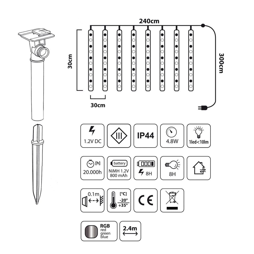 Maclean solcellelamper, 2,4 m lange, 144 LED-dioder, 8 RGB-istapper, faldende istapper-tilstand, Li 800 mAh-batteri, MCE412