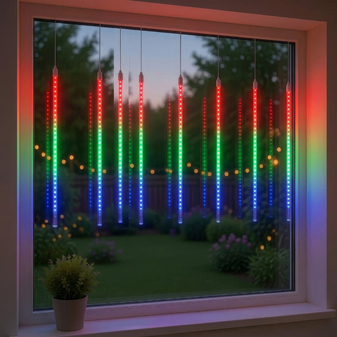 Maclean solcellelamper, 2,4 m lange, 144 LED-dioder, 8 RGB-istapper, faldende istapper-tilstand, Li 800 mAh-batteri, MCE412