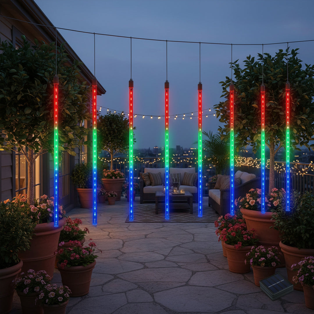 Maclean solcellelamper, 2,4 m lange, 144 LED-dioder, 8 RGB-istapper, faldende istapper-tilstand, Li 800 mAh-batteri, MCE412
