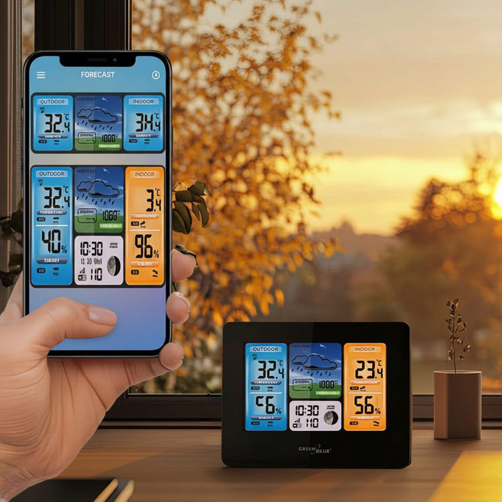 GreenBlue WiFi-vejrstation, kompatibel med TUYA, udendørs sensor, kalender, vejrudsigt, barometer, GB215