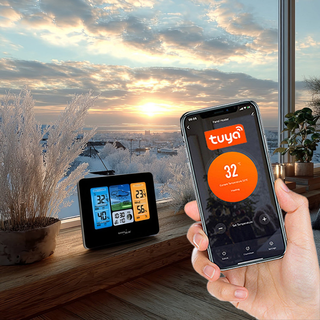 GreenBlue WiFi-vejrstation, kompatibel med TUYA, udendørs sensor, kalender, vejrudsigt, barometer, GB215