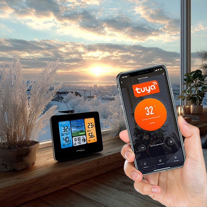 GreenBlue WiFi-vejrstation, kompatibel med TUYA, udendørs sensor, kalender, vejrudsigt, barometer, GB215