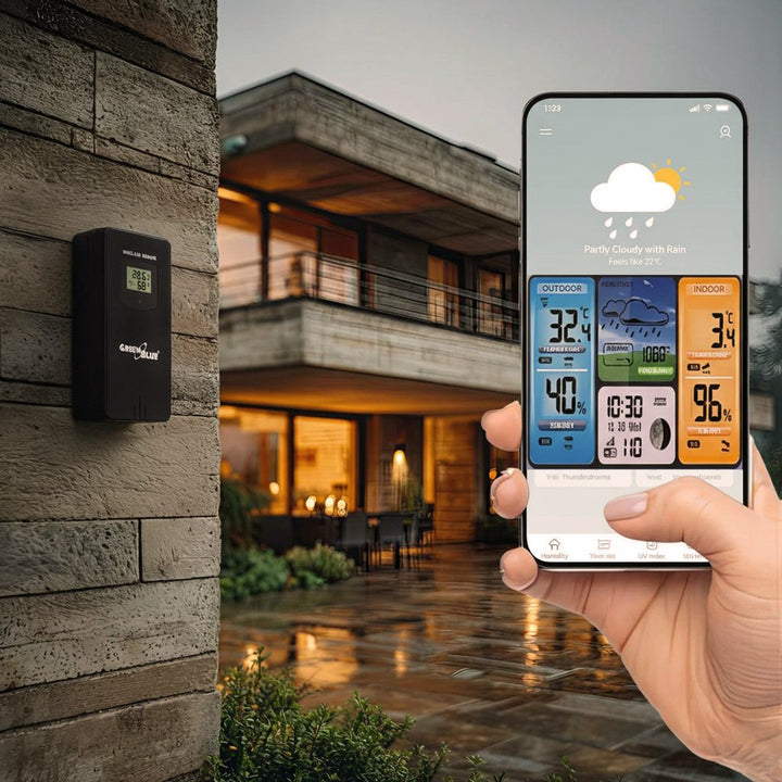 GreenBlue WiFi-vejrstation, kompatibel med TUYA, udendørs sensor, kalender, vejrudsigt, barometer, GB215