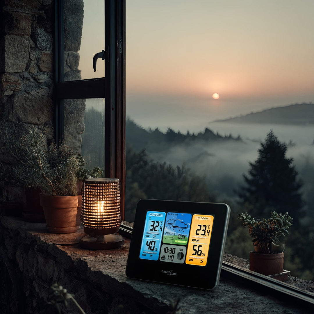 GreenBlue WiFi-vejrstation, kompatibel med TUYA, udendørs sensor, kalender, vejrudsigt, barometer, GB215