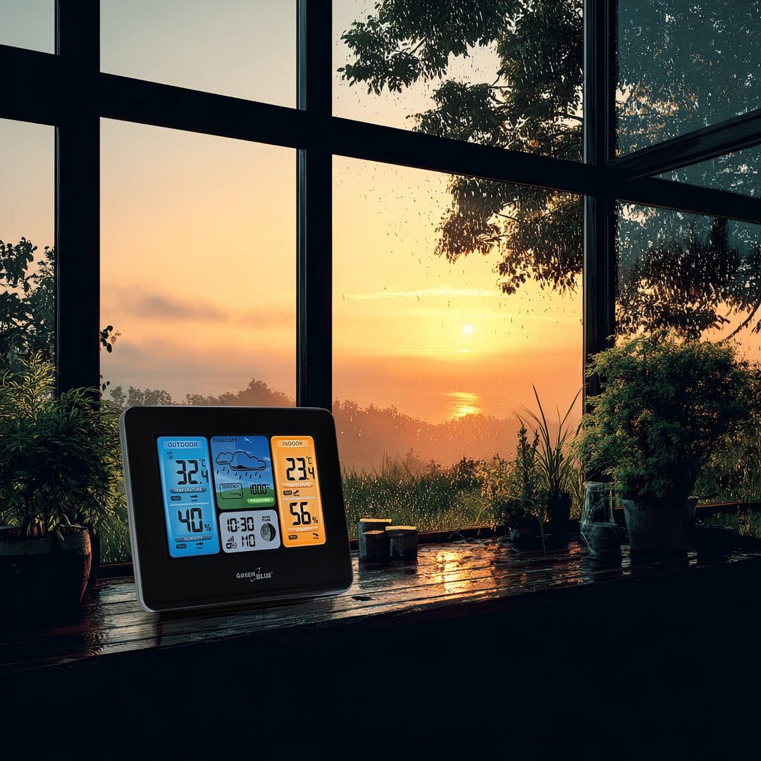 GreenBlue WiFi-vejrstation, kompatibel med TUYA, udendørs sensor, kalender, vejrudsigt, barometer, GB215