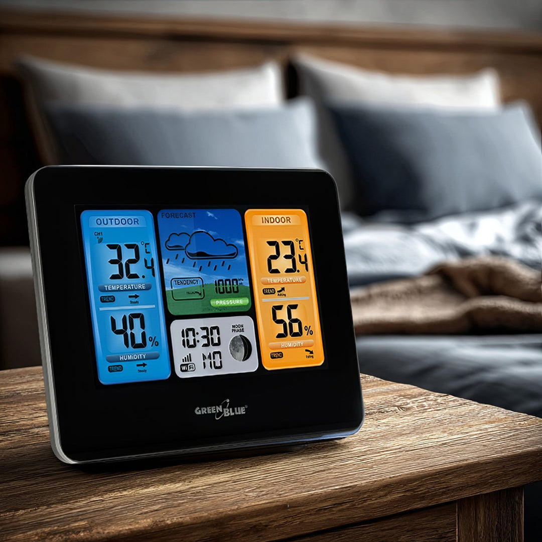 GreenBlue WiFi-vejrstation, kompatibel med TUYA, udendørs sensor, kalender, vejrudsigt, barometer, GB215