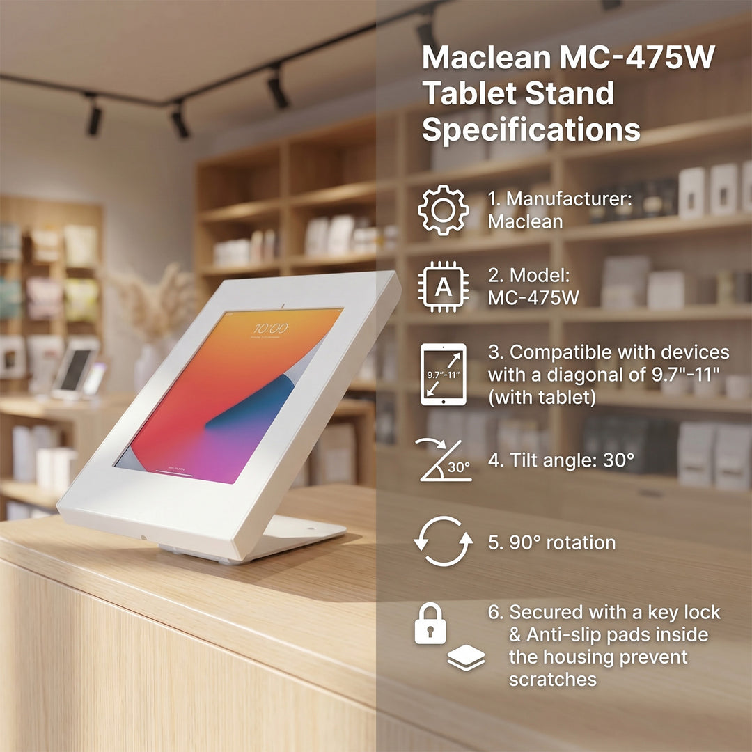 Maclean reklamestativ til tablet, væg-/bordmodel med lås, 9,7"-11", iPad/iPad Air/iPad Pro, Samsung Galaxy Tab A/Tab A7/Tab S6 Lite, MC-475W