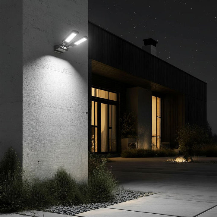 Solcellelampe med bevægelsessensor og fjernbetjening Maclean IP54, 5W, 2x450lm, 6500K, Li-ion 2400 mAh, 3 driftsindstillinger MCE447