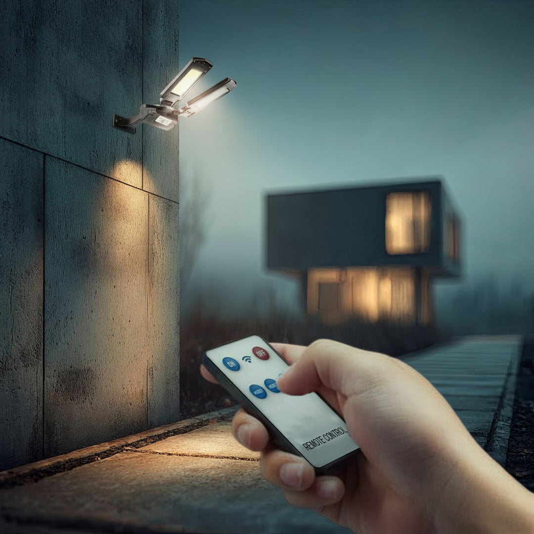 Solcellelampe med bevægelsessensor og fjernbetjening Maclean IP54, 5W, 2x450lm, 6500K, Li-ion 2400 mAh, 3 driftsindstillinger MCE447