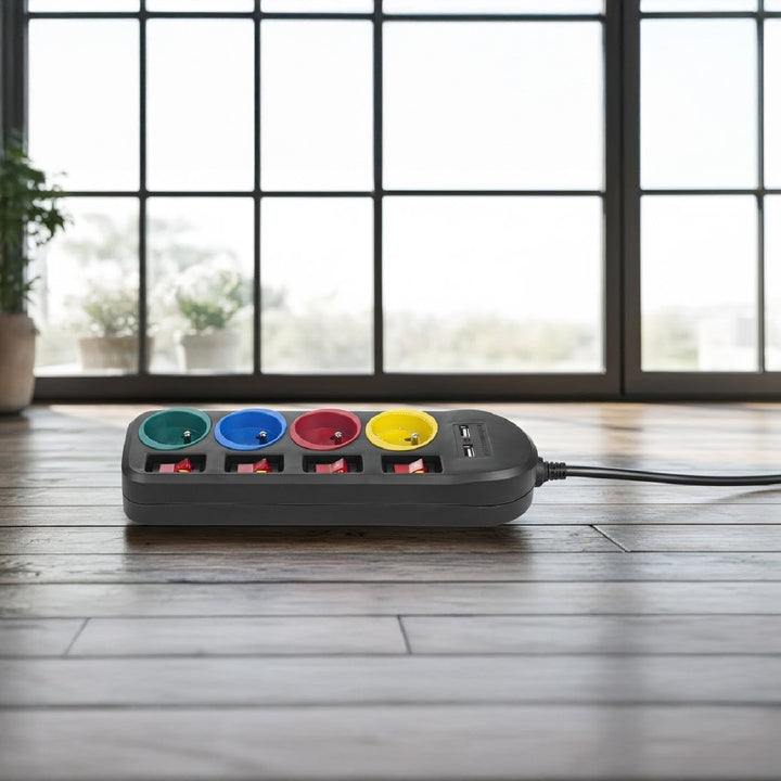 Maclean strømskinne, forlængerledning med 4 stik + 2xUSB, med afbrydere, 250VAC/10A, 2,1A 5V, 1,5 m, sort, MCE229 B