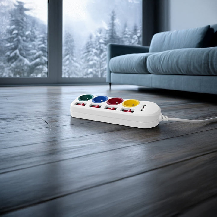 Maclean strømskinne, forlængerledning med 4 stik + 2xUSB, med afbrydere, 250VAC/10A, 2,1A 5V, 1,5 m, hvid, MCE229 W