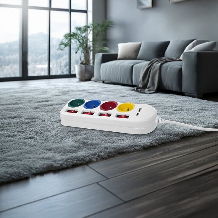 Maclean strømskinne, forlængerledning med 4 stik + 2xUSB, med afbrydere, 250VAC/10A, 2,1A 5V, 1,5 m, hvid, MCE229 W