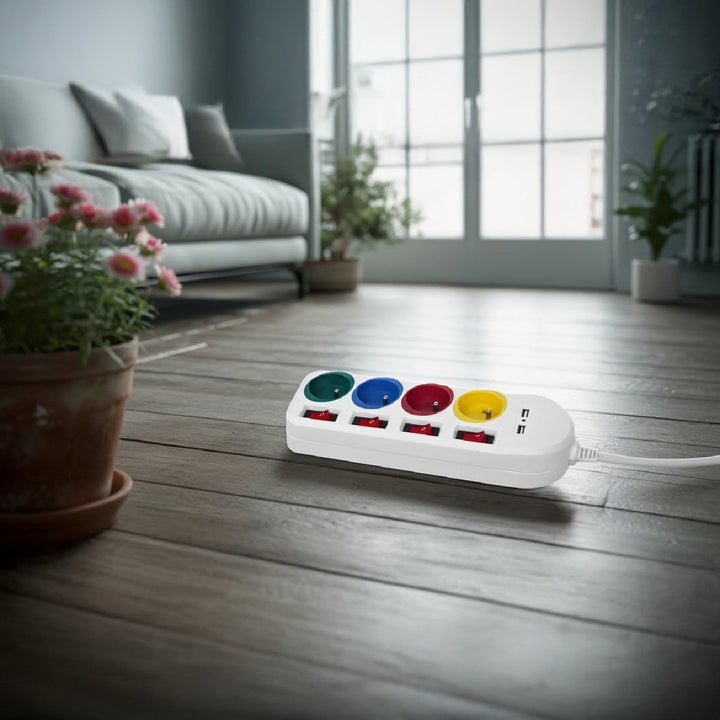 Maclean strømskinne, forlængerledning med 4 stik + 2xUSB, med afbrydere, 250VAC/10A, 2,1A 5V, 1,5 m, hvid, MCE229 W
