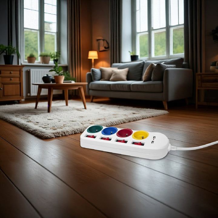 Maclean strømskinne, forlængerledning med 4 stik + 2xUSB, med afbrydere, 250VAC/10A, 2,1A 5V, 1,5 m, hvid, MCE229 W