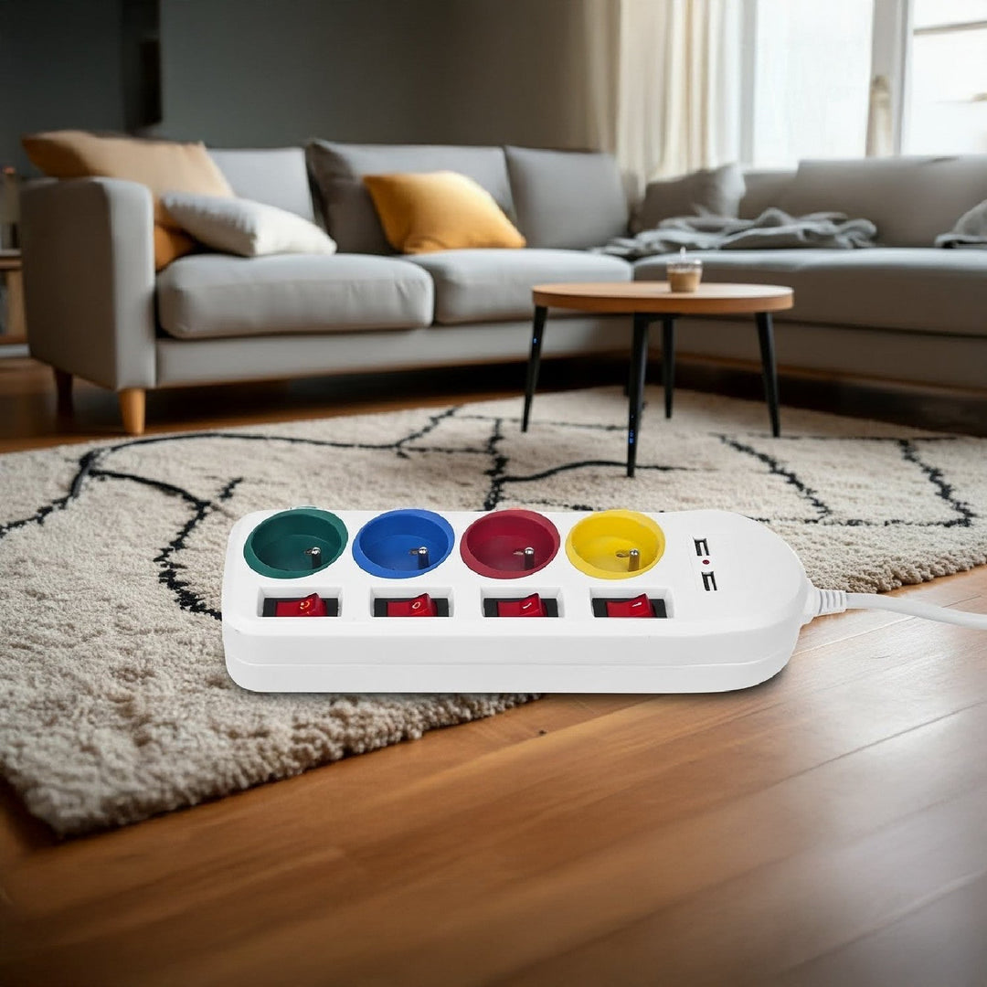 Maclean strømskinne, forlængerledning med 4 stik + 2xUSB, med afbrydere, 250VAC/10A, 2,1A 5V, 1,5 m, hvid, MCE229 W