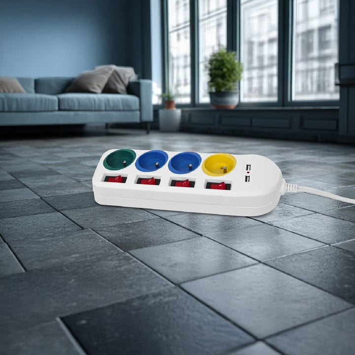 Maclean strømskinne, forlængerledning med 4 stik + 2xUSB, med afbrydere, 250VAC/10A, 2,1A 5V, 1,5 m, hvid, MCE229 W