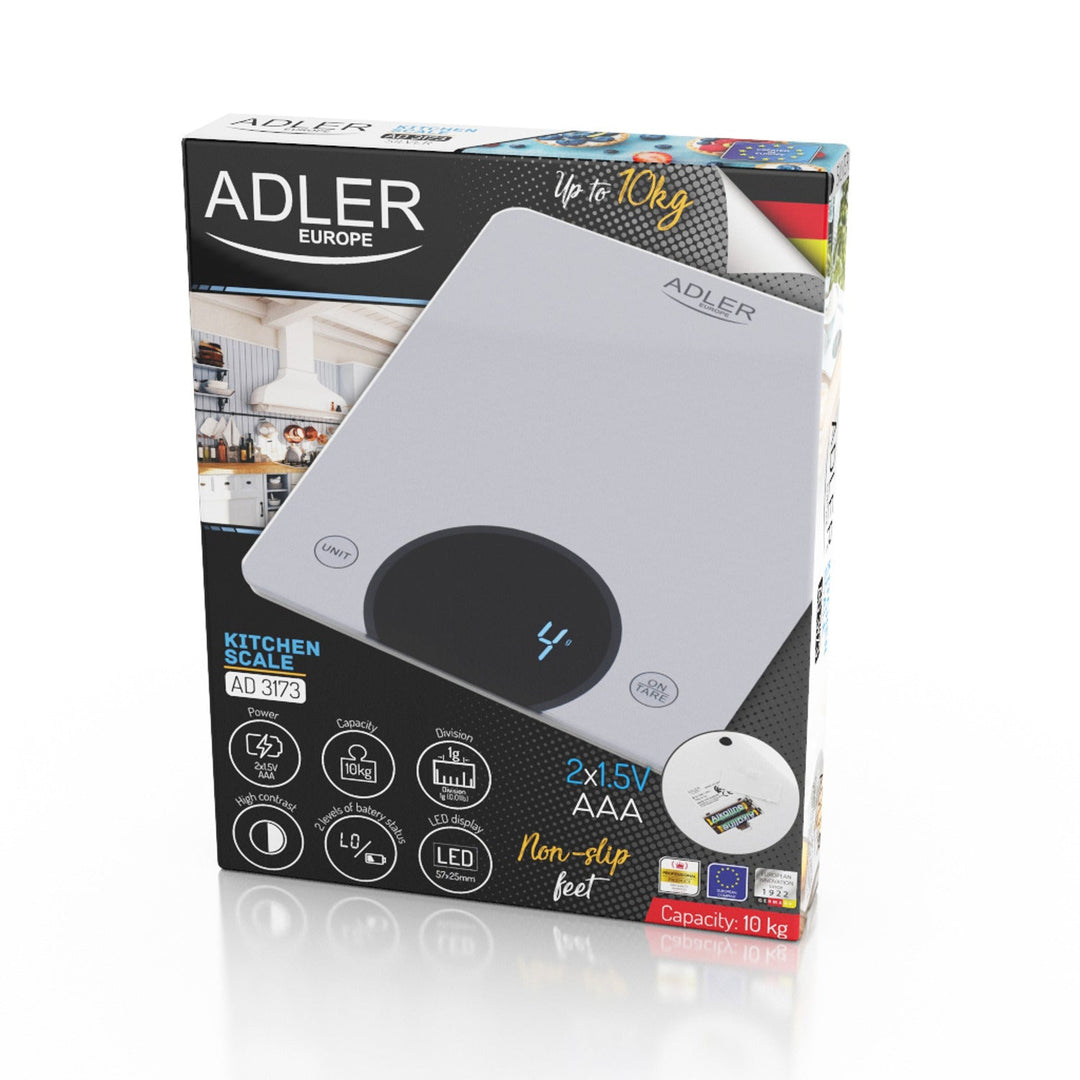 Adler AD 3173s Køkkenvægt op til 10 kg LED, mål 20 x 16 cm