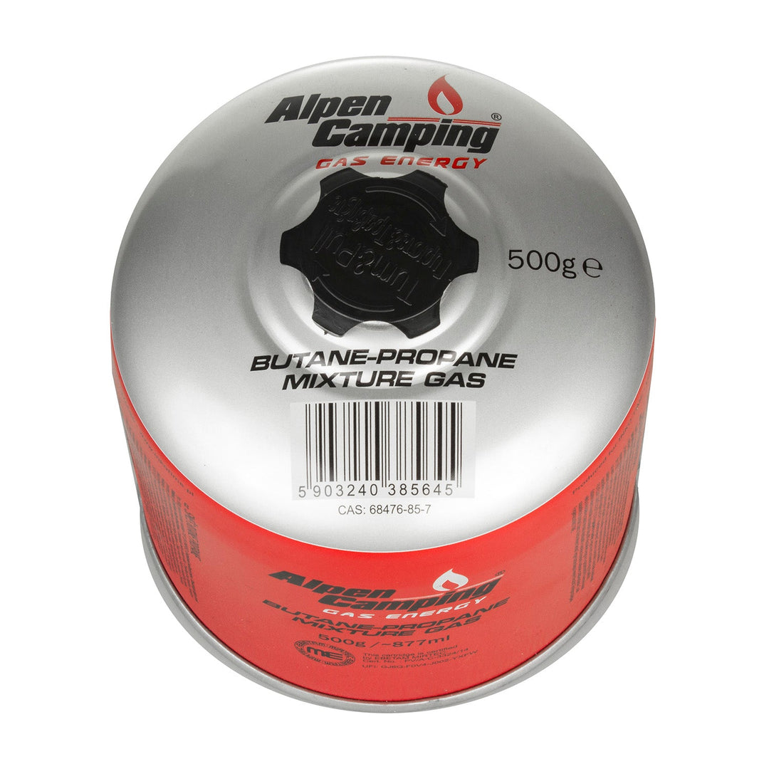 2x gaspatron 500 g Alpen Camping. Certifikat: Pi 0437, i overensstemmelse med EN417, propan-butan, temperaturområde -10 °C til +40 °C, ventil 7/16" IK008