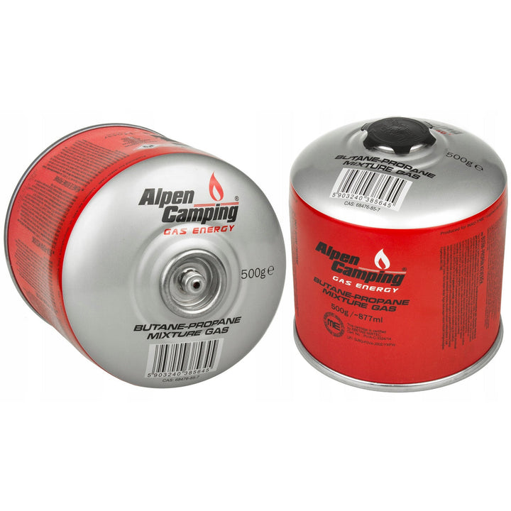 2x gaspatron 500 g Alpen Camping. Certifikat: Pi 0437, i overensstemmelse med EN417, propan-butan, temperaturområde -10 °C til +40 °C, ventil 7/16" IK008