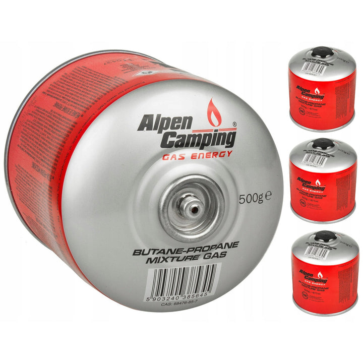 4x gaspatron 500 g Alpen Camping. Certifikat: Pi 0437, i overensstemmelse med EN417, propan-butan, temperaturområde -10 °C til +40 °C, ventil 7/16" IK008