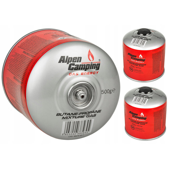 3x gaspatron 500 g Alpen Camping. Certifikat: Pi 0437, i overensstemmelse med EN417, propan-butan, temperaturområde -10 °C til +40 °C, ventil 7/16" IK008