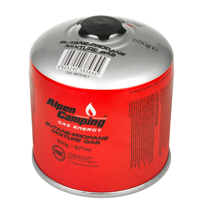 6x gaspatron 500 g Alpen Camping. Certifikat: Pi 0437, i overensstemmelse med EN417, propan-butan, temperaturområde -10 °C til +40 °C, ventil 7/16" IK008