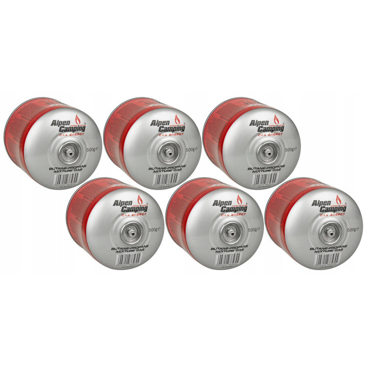 6x gaspatron 500 g Alpen Camping. Certifikat: Pi 0437, i overensstemmelse med EN417, propan-butan, temperaturområde -10 °C til +40 °C, ventil 7/16" IK008