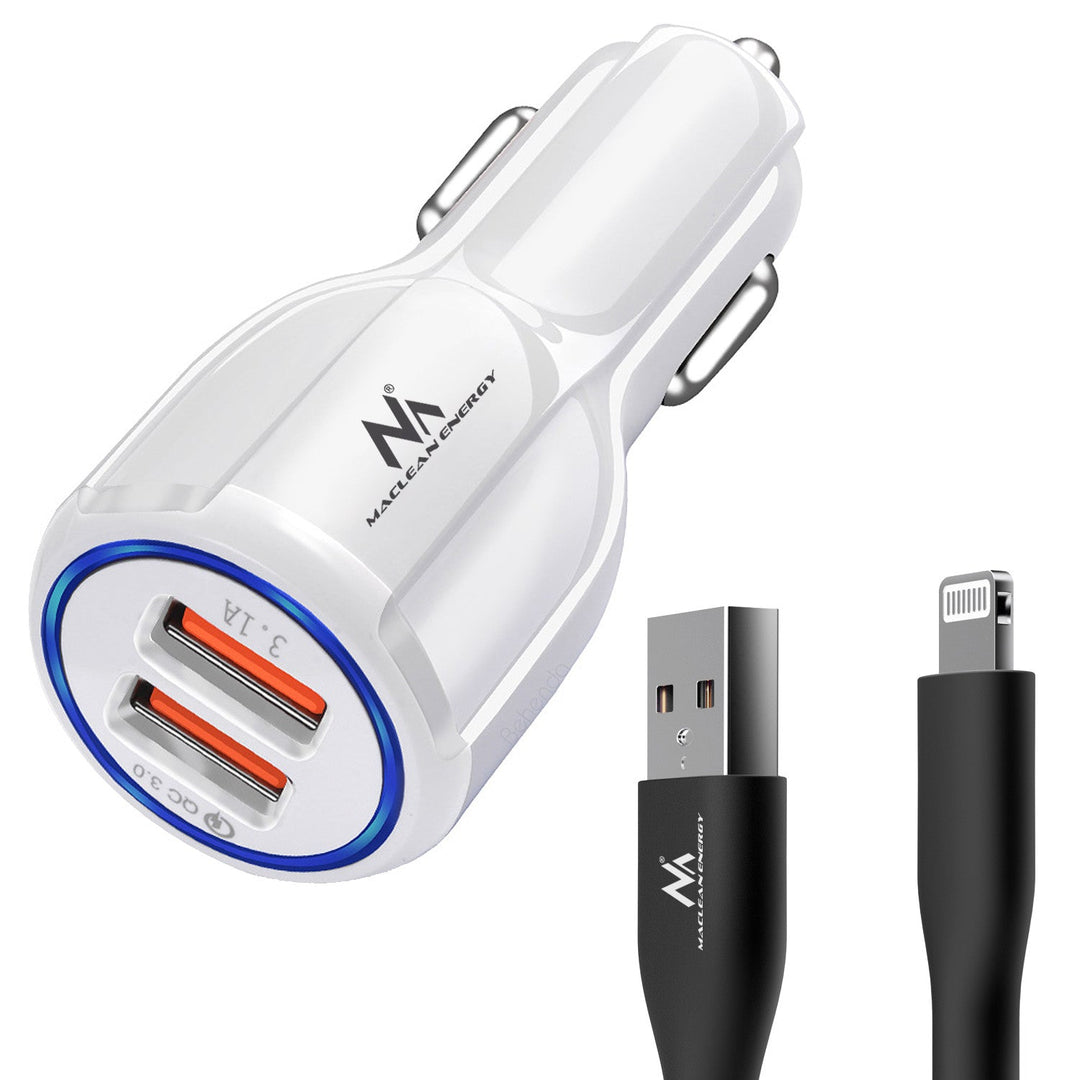 Maclean biloplader, Qualcomm Quick Charge, QC 3.0 - 5V/3A, 9V/1,8A, 12V/1,6A, 5V/3,1A-stik med USB Lightning-kabel