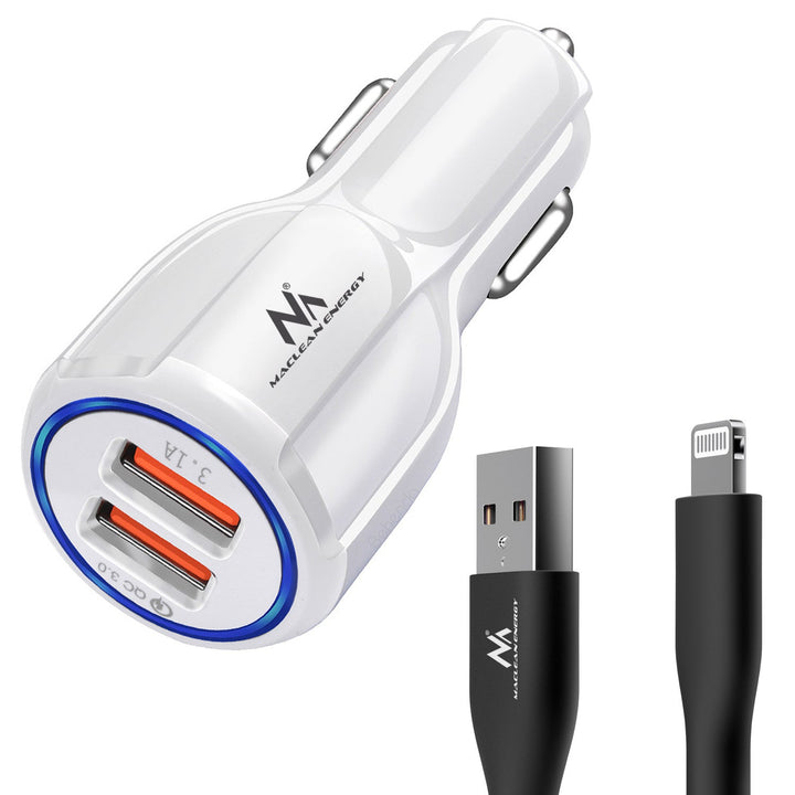 Maclean biloplader, Qualcomm Quick Charge, QC 3.0 - 5V/3A, 9V/1,8A, 12V/1,6A, 5V/3,1A-stik med USB Lightning-kabel