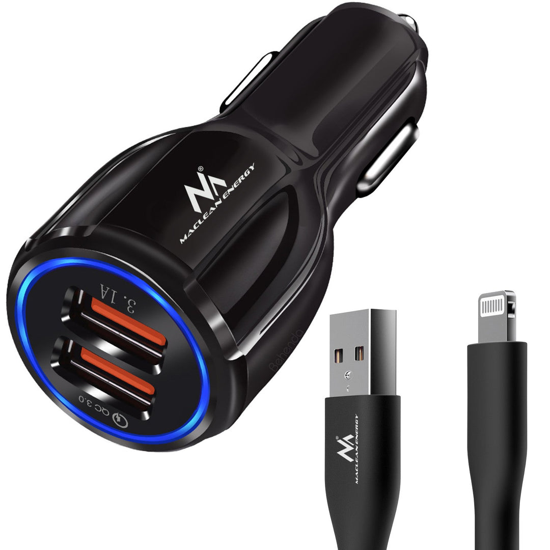 Maclean biloplader, Qualcomm Quick Charge, QC 3.0 - 5V/3A, 9V/1,8A, 12V/1,6A, 5V/3,1A-stik med USB Lightning-kabel